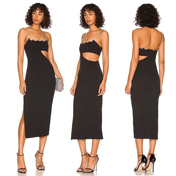 Lovers Friends Charlotte Midi Dress Black XS Crystal Cutout Cocktail Revolve - Picture 2 of 16